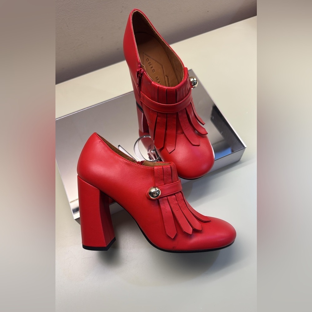 Chie Mihara Red Leather Fringe Block-Heel Booties round toe - Picture 3 of 5